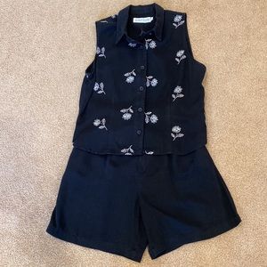 ACTION WEAR Black Tencel Bermuda Shorts and Black and Beige Embroidered  Top.